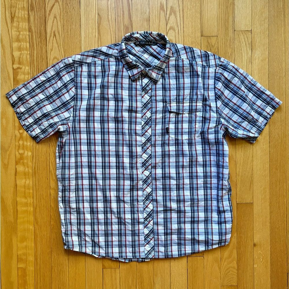 Travis Mathew Men Short Sleeve Performance Button Shirt XL White Blue Red Plaid